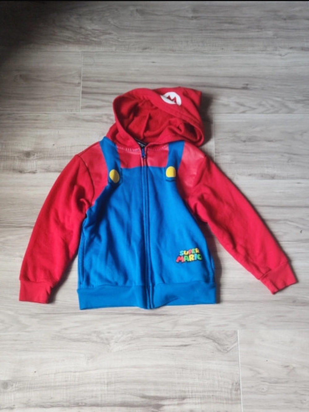 Super Mario Hoodie Kids XS Red Blue Zip Up Hooded Jacket Nintendo Costume EUC